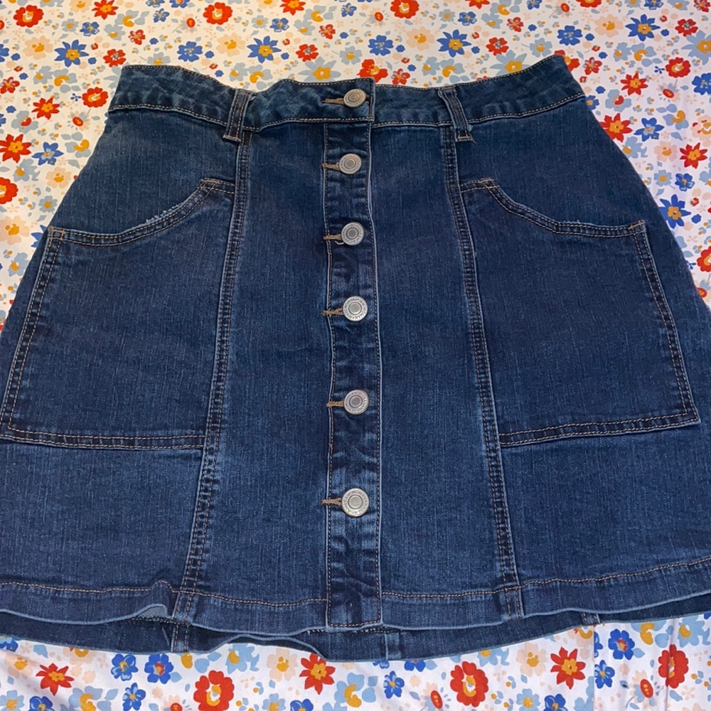 high rise button up jean skirt
